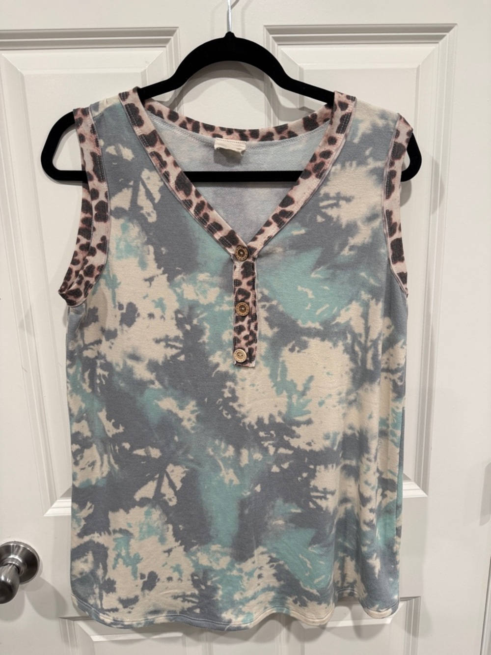 Lovely Melody Green Cream Tie-Dye Tank with Leopard Trim and Buttons